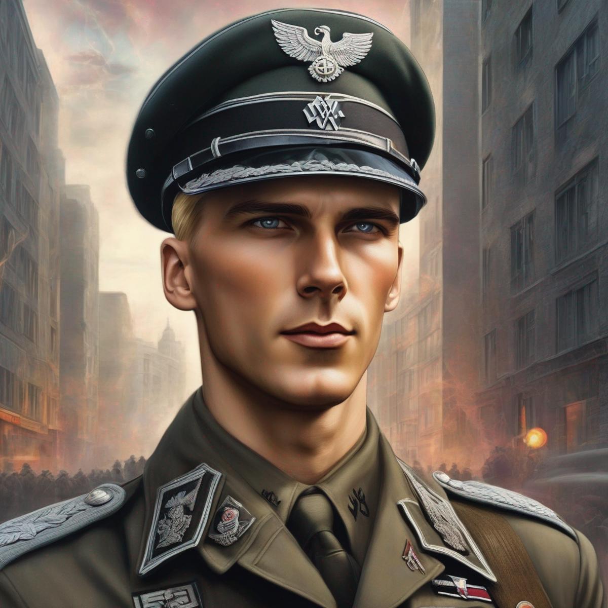 Photo of Handsome WW2 era Waffen-SS officer with light blonde hair, unrestricted universal love, improve coloring, transpa...